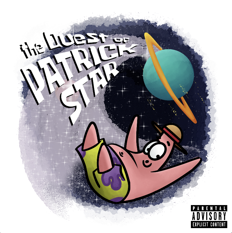 An album cover of Patrick Star from SpongeBob falling through a galaxy
