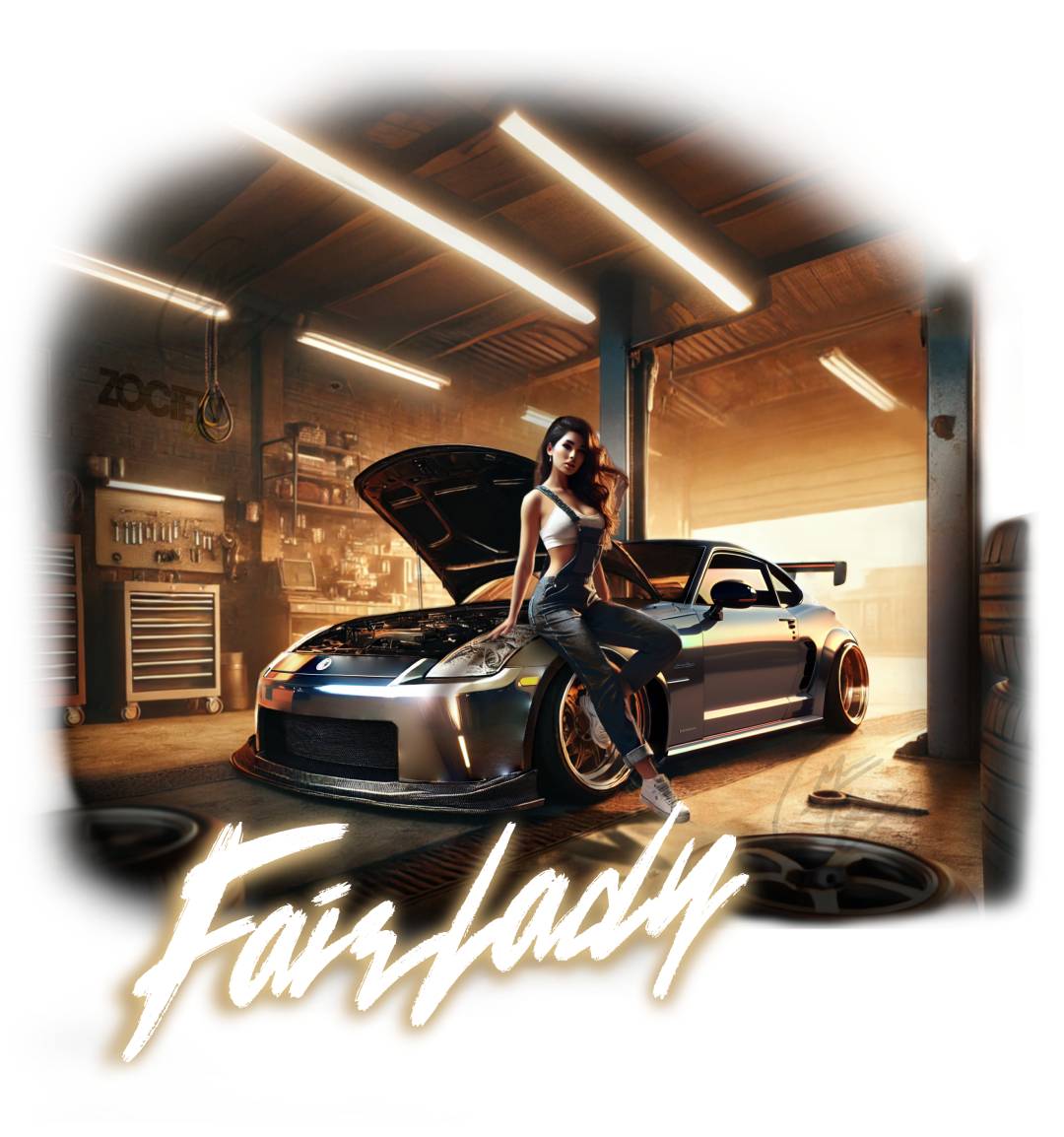A t-shirt graphic print showing a woman leaning on a nissan fairlady 350z in a garage